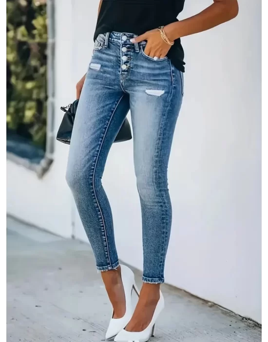 Kadın önü Düğmeli Eskitme Slim Fit Kot Pantolon