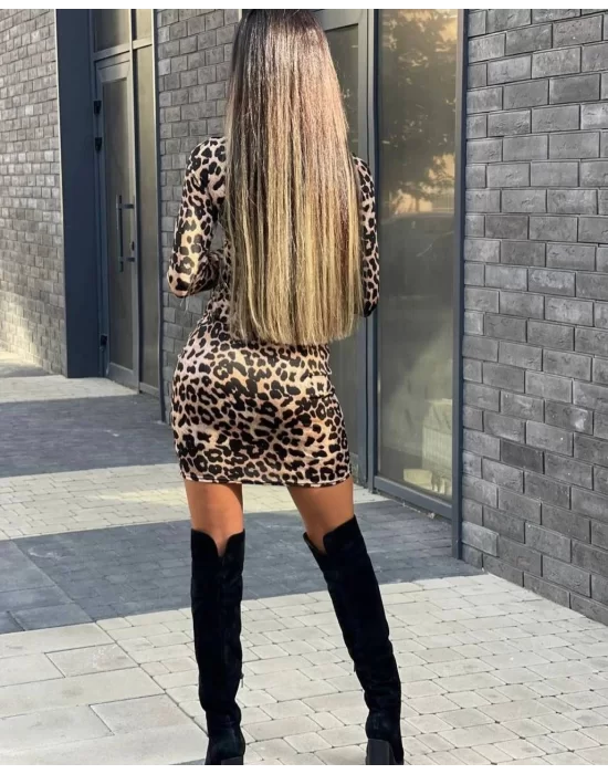 Kadın örme Viskon Kumaş Leopar Desenli çapraz Göğüs Detay Mini Boy Elbise