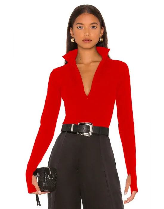 MetuCa Kadın Kırmızı Dik Yaka Fermuarlı Uzun Kollu Parmak Geçmeli Sandy Kumaş Bodysuit Zıbın