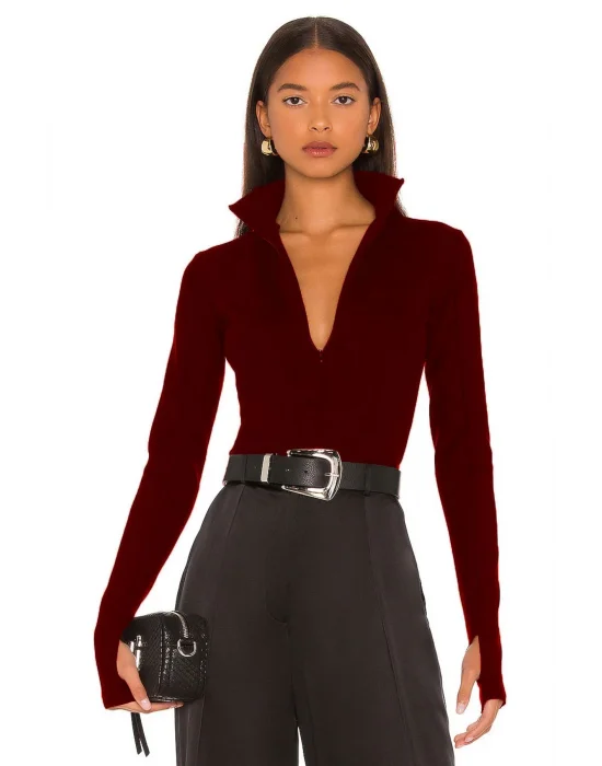 MetuCa Kadın Bordo Dik Yaka Fermuarlı Uzun Kollu Parmak Geçmeli Sandy Kumaş Bodysuit Zıbın