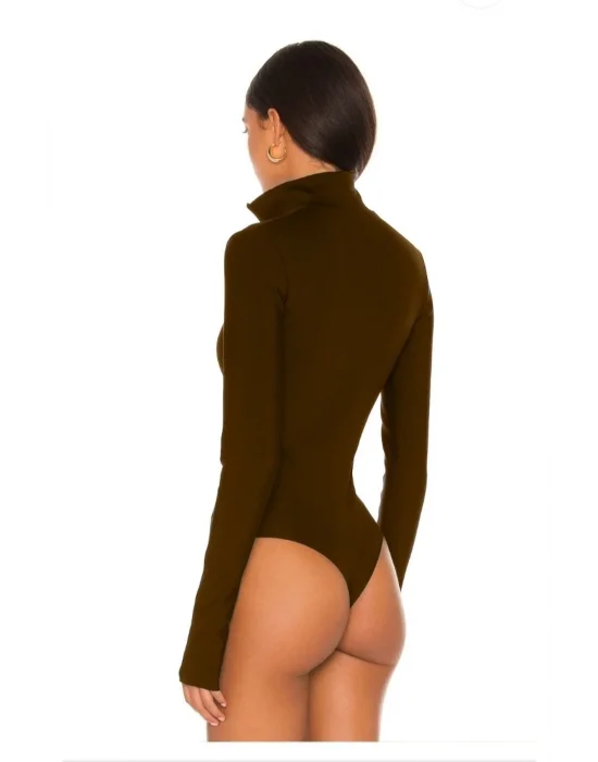MetuCa Kadın Kahverengi Dik Yaka Fermuarlı Uzun Kollu Parmak Geçmeli Sandy Kumaş Bodysuit Zıbın