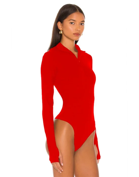 MetuCa Kadın Kırmızı Dik Yaka Fermuarlı Uzun Kollu Parmak Geçmeli Sandy Kumaş Bodysuit Zıbın