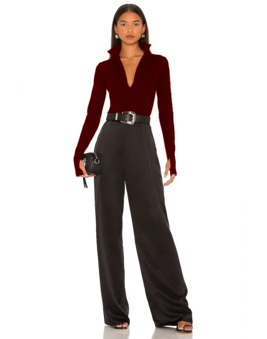 MetuCa Kadın Bordo Dik Yaka Fermuarlı Uzun Kollu Parmak Geçmeli Sandy Kumaş Bodysuit Zıbın