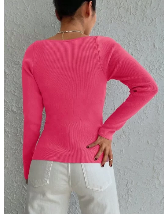 Kadın Pembe Dekolteli Kare Yaka Triko Bluz 2042