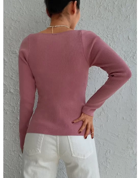 Kadın Pembe Dekolteli Kare Yaka Triko Bluz