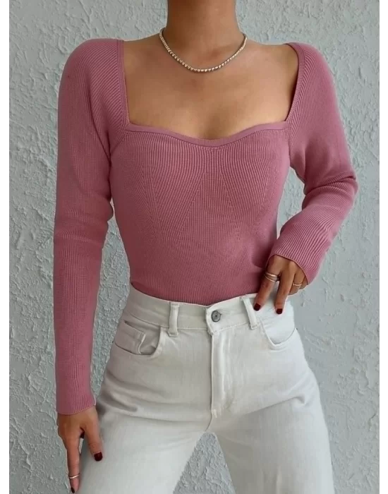 Kadın Pembe Dekolteli Kare Yaka Triko Bluz