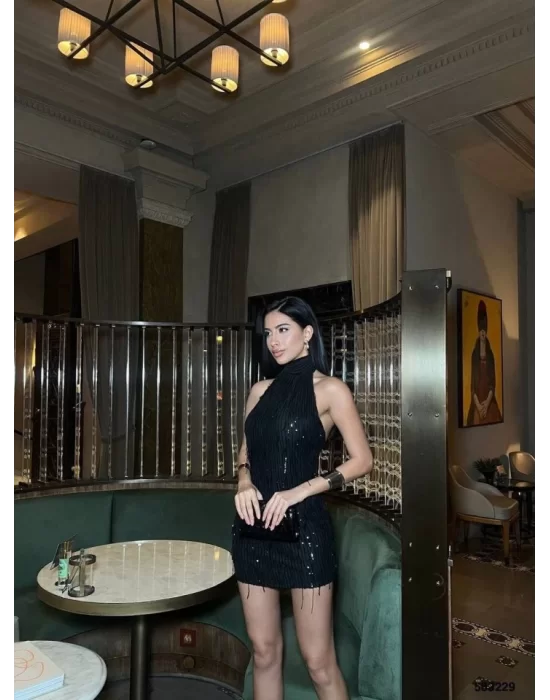 Kadın Pul Payet Kumaş Halter Yaka Mini Elbise