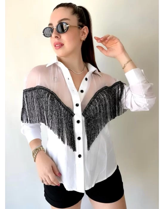 Kadın Püskül Detay Poplin Gömlek Bluz Fırsat Ürün