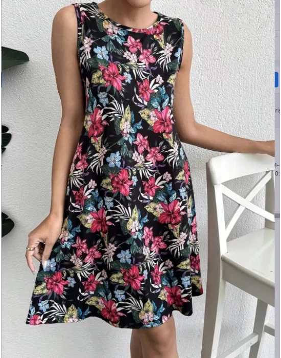 Kadın Renkli çiçek Baskılı Süprem Elbise