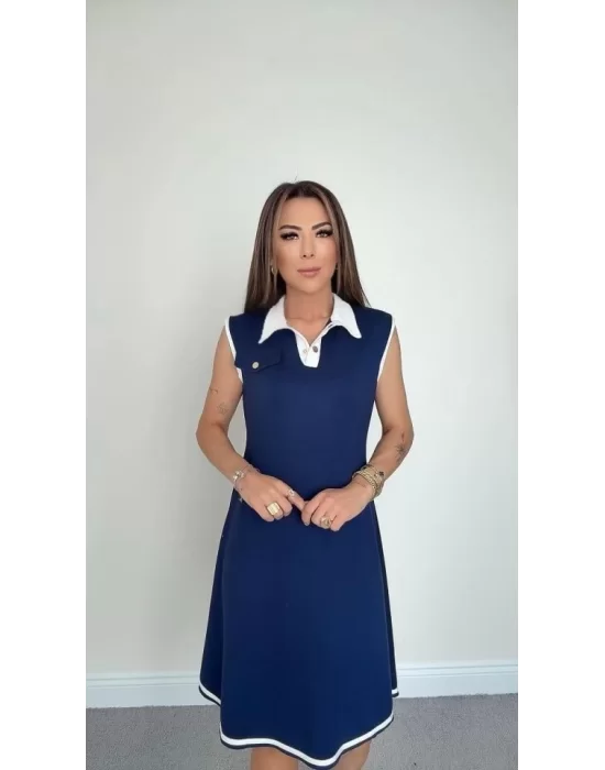 Kadın Ribana Detaylı Sıfır Kol Midi Boy Elbise