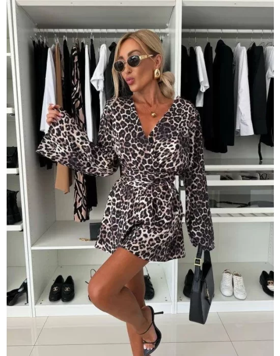 Kadın Salaş Kol Kruvaze Yaka Zebra Desen şort Tulum