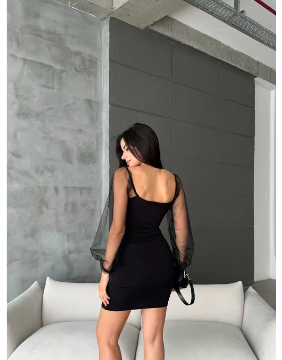 Kadın Sandy Kumaş Kolları Tül Detaylı Mini Boy Elbise