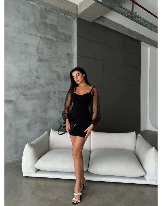 Kadın Sandy Kumaş Kolları Tül Detaylı Mini Boy Elbise