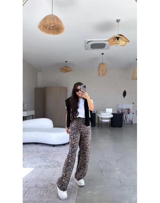 Kadın Saten Kumaş Leopar Desenli Pantolon
