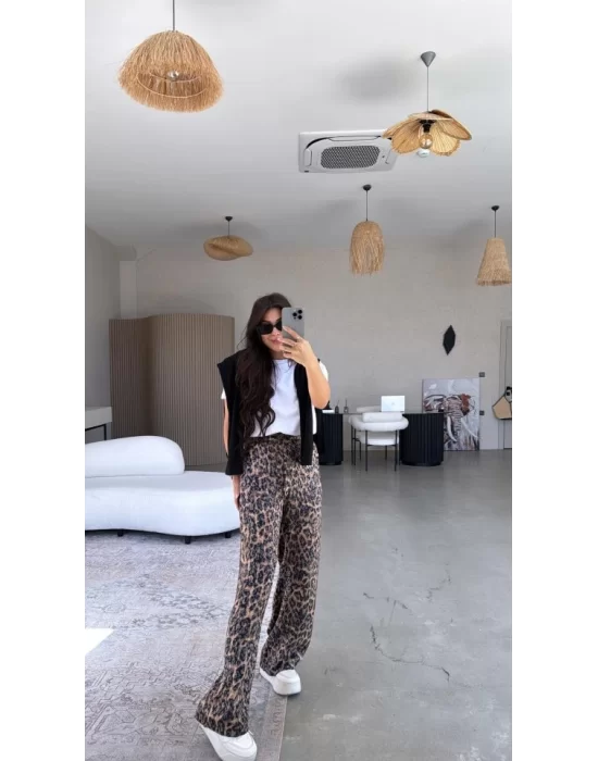 Kadın Saten Kumaş Leopar Desenli Pantolon