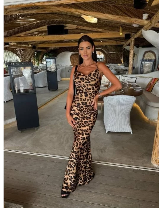 Kadın Saten Kumaş Leopar Desenli Uzun Askılı Elbise
