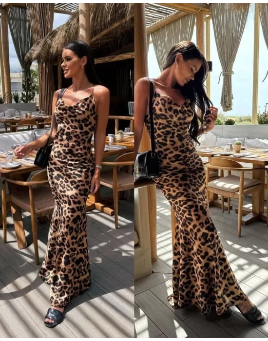 Kadın Saten Kumaş Leopar Desenli Uzun Askılı Elbise