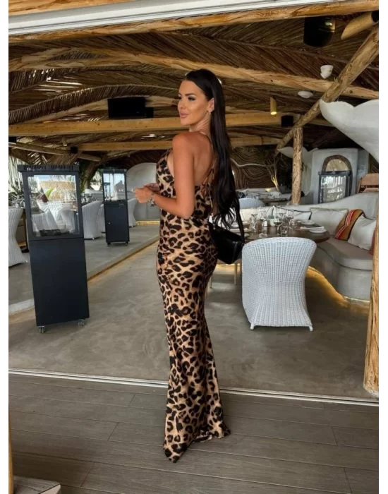 Kadın Saten Kumaş Leopar Desenli Uzun Askılı Elbise