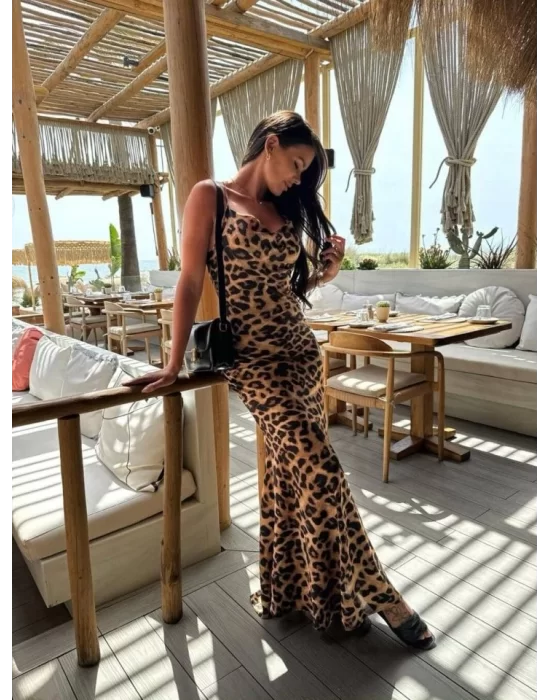 Kadın Saten Kumaş Leopar Desenli Uzun Askılı Elbise