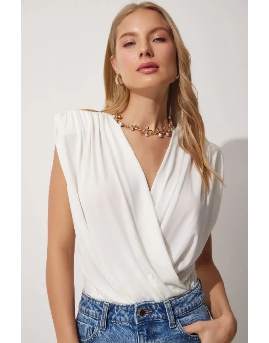 Kadın Sendy Kumaş Kruvaze Yaka Vatkalı Bluz