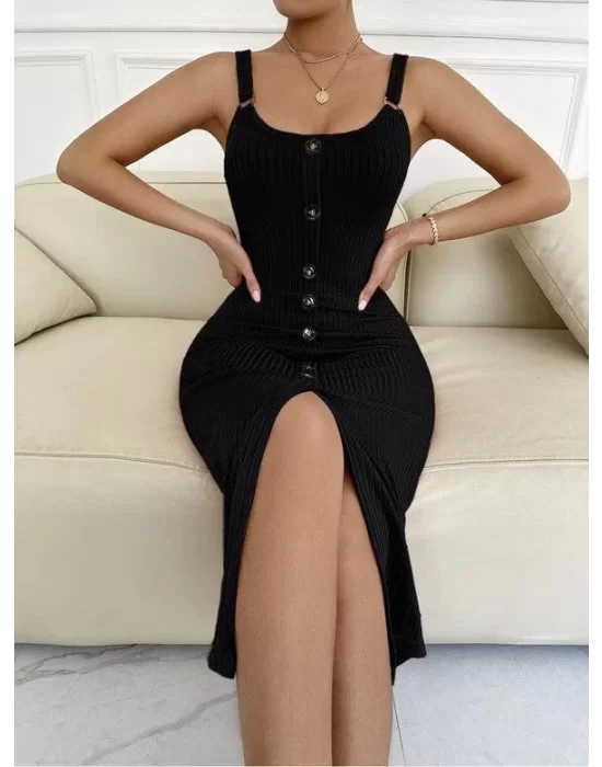Kadın Sıfır Kol Askı Halka Detay önü Düğmeli Midi Boy Yırtmaçlı Fitilli Kaşkorse Elbise