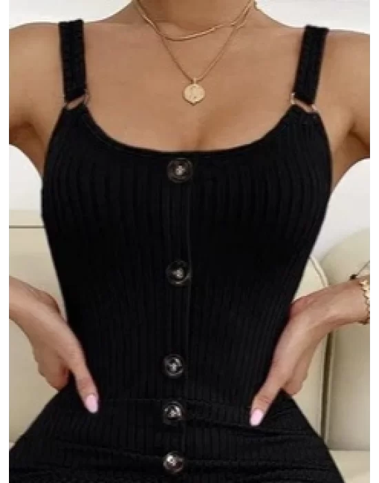 Kadın Sıfır Kol Askı Halka Detay önü Düğmeli Midi Boy Yırtmaçlı Fitilli Kaşkorse Elbise
