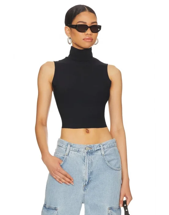 Kadın Sıfır Kol Balıkçı Yaka Çift Kat İpek Jarse Crop Top