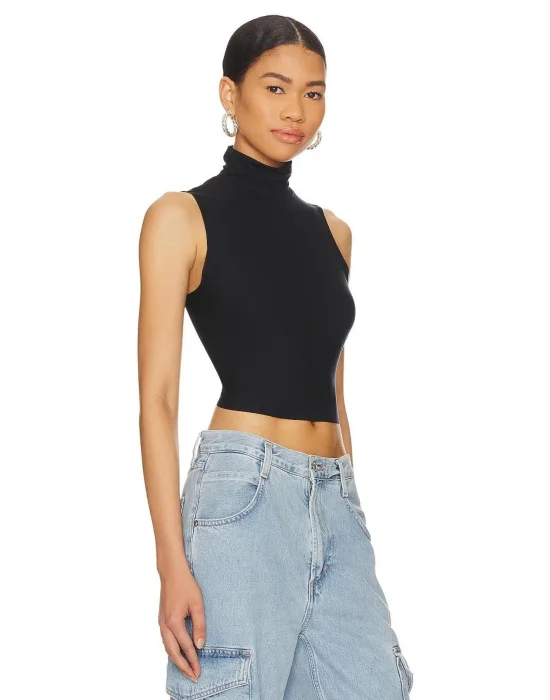 Kadın Sıfır Kol Balıkçı Yaka Çift Kat İpek Jarse Crop Top