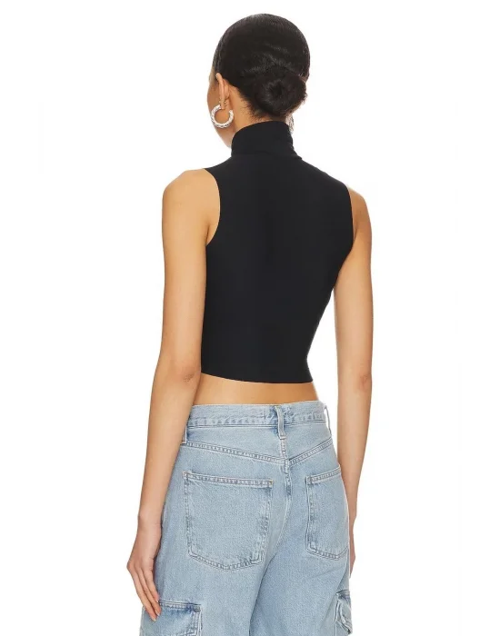 Kadın Sıfır Kol Balıkçı Yaka Çift Kat İpek Jarse Crop Top