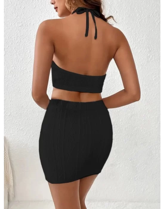 Kadın Sıfır Kol Crop Mini Etek Ikili Triko Takım