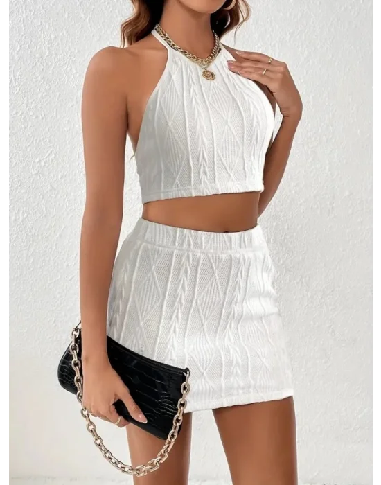 Kadın Sıfır Kol Crop Mini Etek Ikili Triko Takım