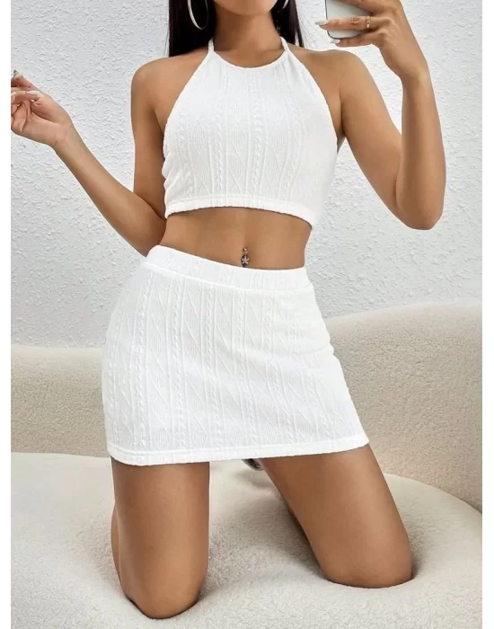 Kadın Sıfır Kol Crop Mini Etek Ikili Triko Takım