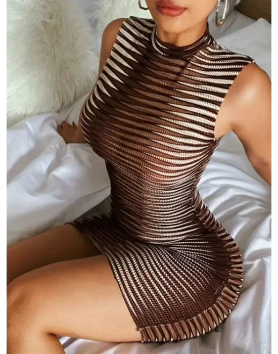 Kadın Sıfır Kol Desenli Mini Bodycon Dalgıç Elbise