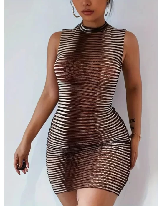 Kadın Sıfır Kol Desenli Mini Bodycon Dalgıç Elbise