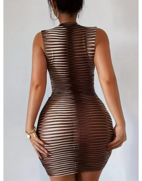Kadın Sıfır Kol Desenli Mini Bodycon Dalgıç Elbise