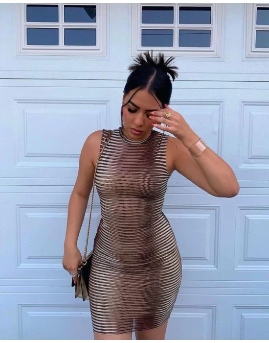 Kadın Sıfır Kol Desenli Mini Bodycon Dalgıç Elbise