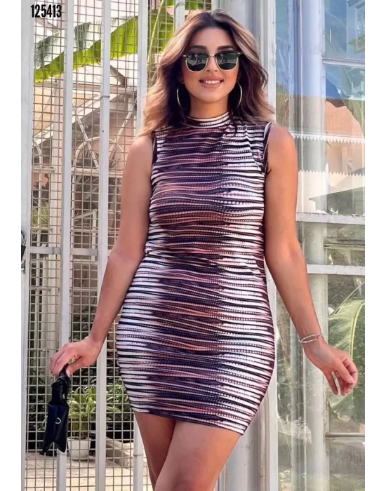 Kadın Sıfır Kol Desenli Mini Bodycon Dalgıç Elbise