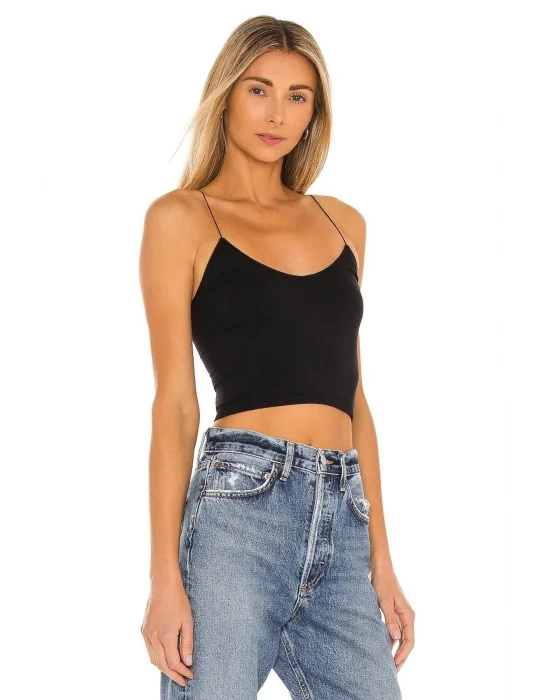 Kadın Sıfır Kol İp Askılı Çift Kat İpek Jarse Crop Top