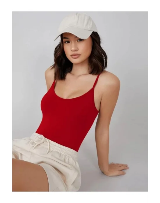 Kadın Sıfır Kol İp Askılı Kırmızı İpek Jarse Bodysuit