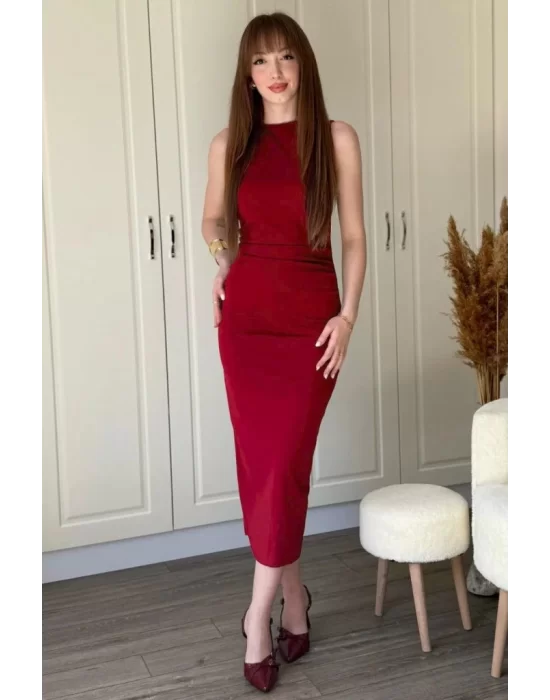 Kadın Sıfır Kol Sıfır Yaka Drape Detaylı Midi Janjan Krep Elbise