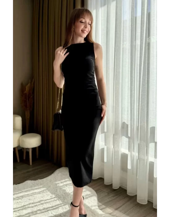 Kadın Sıfır Kol Sıfır Yaka Drape Detaylı Midi Janjan Krep Elbise