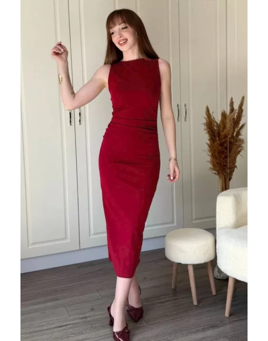 Kadın Sıfır Kol Sıfır Yaka Drape Detaylı Midi Janjan Krep Elbise