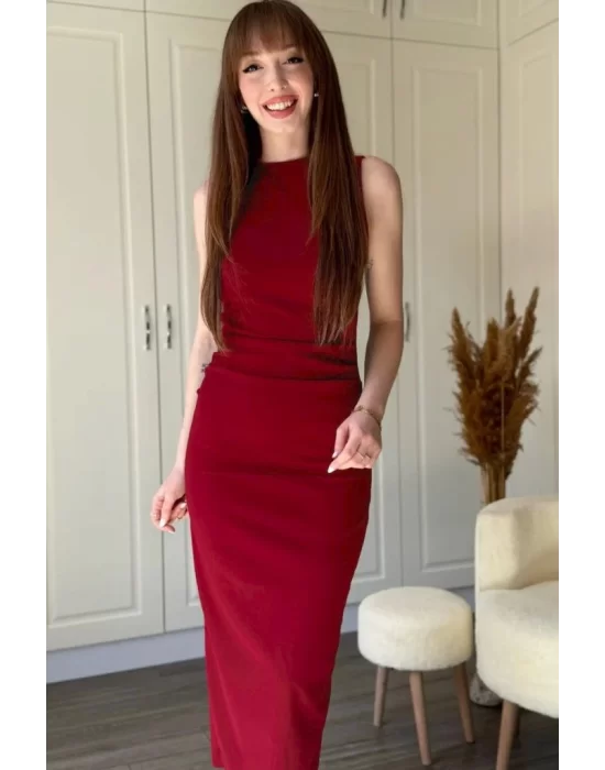 Kadın Sıfır Kol Sıfır Yaka Drape Detaylı Midi Janjan Krep Elbise