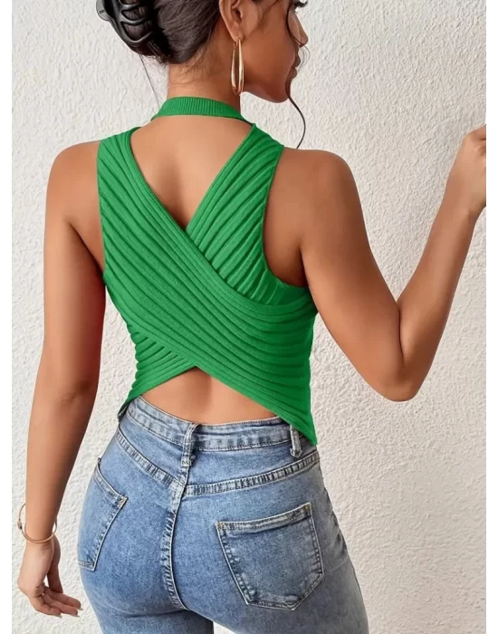 Kadın Sıfır Kol Sırt çapraz Detay Triko Bluz