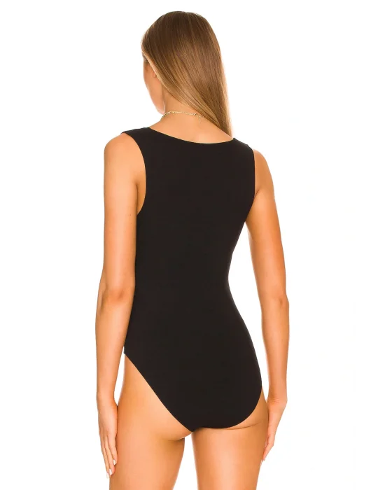 MetuCa Kadın Siyah U Yaka Kalın Askılı Jarse Kumaş Vücudu Saran Tanga Kesim Bodysuit Zıbın