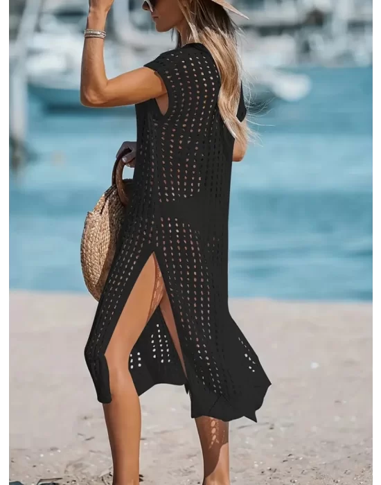 Kadın Sıfır Kol V Yaka Yanı Derin Yırtmaçlı Midi Boy Triko Elbise