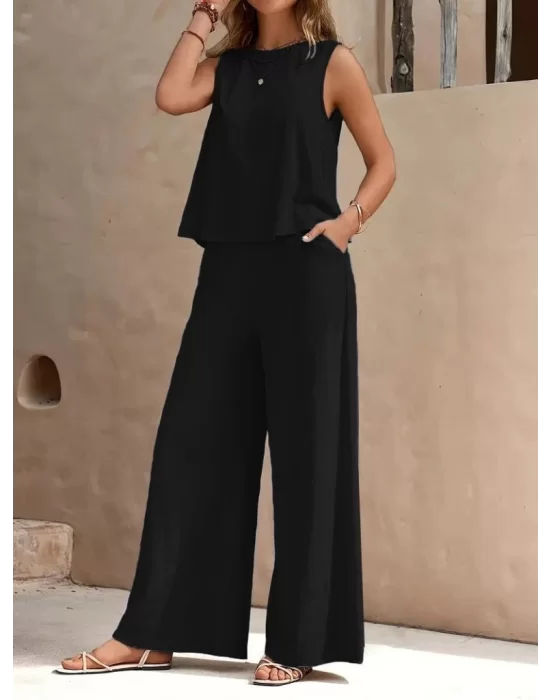 Kadın Sıfır Kollu Bisiklet Yaka Aerobin Bluz Ve Pantolon Ikili Takım