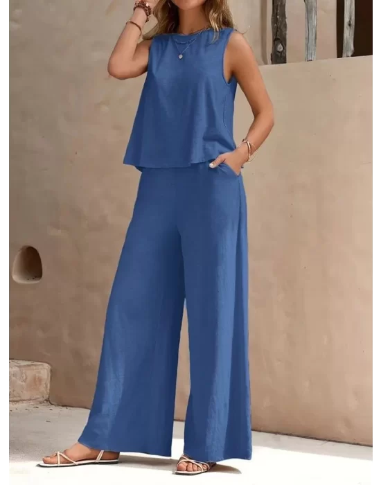 Kadın Sıfır Kollu Bisiklet Yaka Aerobin Bluz Ve Pantolon Ikili Takım