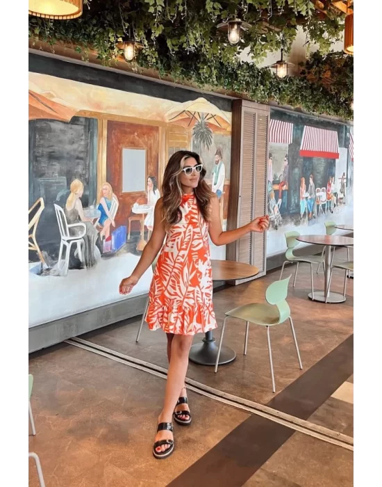 Kadın Sıfır Kollu Bisiklet Yakalı Fırfırlı Desenli Sofya Elbise