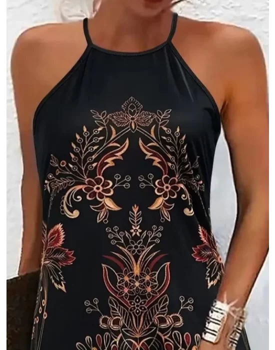 Kadın Sıfır Kollu Halter Yakalı Desenli Süprem Elbise